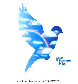 editable beautiful summer sky with rainbow and pigeon vector design