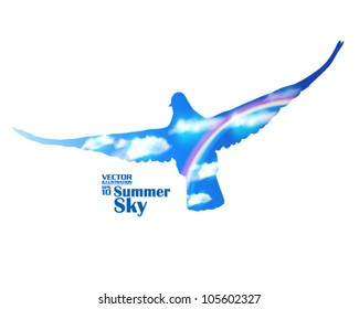 editable beautiful summer sky with rainbow and pigeon vector design