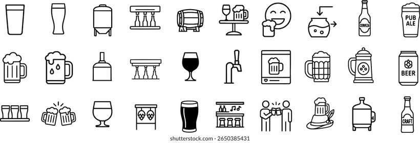 Editable Beer Icons Pack - Featuring Pint Glasses, Bottles, Kegs, and Brewing Equipment. Perfect for Craft Breweries and Beverage Marketing.