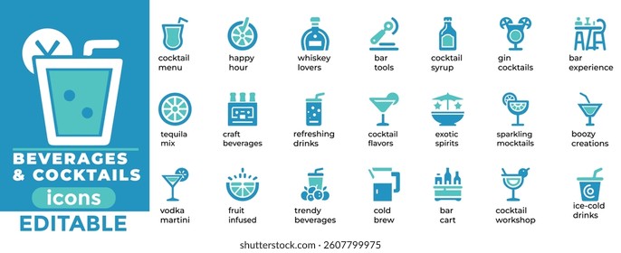 Editable beverages and cocktails vector set with drinks, glasses and bar icons perfect for digital, print, menus and branding