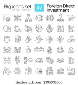 Editable big icons set representing foreign direct investment, isolated vector, thin line illustration.