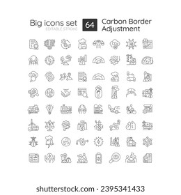 Editable big icons set representing carbon border adjustment, isolated vector, thin line illustration.