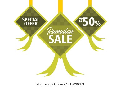 Editable big sale ramadan promotion sale banner with the ketupat symbol of the eid al fitr traditional food from Indonesia, design vector, illustration