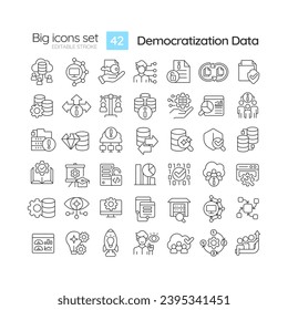 Editable black big icons set representing data democratization, isolated vector, thin line illustration.