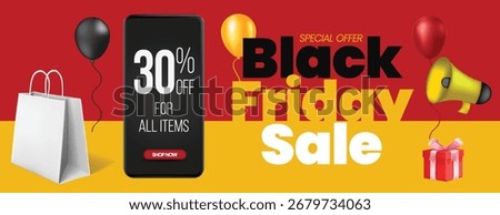 Editable Black Friday online Sale Marketing Banner with Product Discounts, Retail Deals, Web Advertisement banner, 3D smartphone, Bag, Background, and Black Friday Social Media cover header design