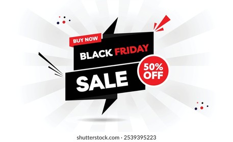 Editable Black Friday Sale 50% Off Buy Now Banner Template Design with Light White and Dark Black Gradient, Red Shapes on White Background Perfect for Best Selling Promotions