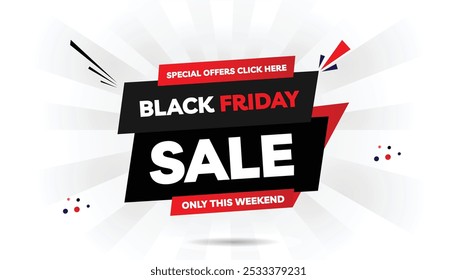 Modelo de banner de venda Black Friday editável com ofertas especiais 'apenas neste fim de semana', apresentando um fundo gradiente branco claro e preto escuro com formas vermelhas perfeitas para impulsionar cliques e conversão