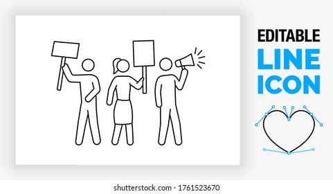 Editable black line icon of a group of stick figure people protesting with a sign and megaphone as man and woman standing together to make their voice heard in a outline design style as a eps vector