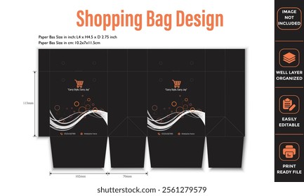 Editable black shopping bag template with modern design elements, dimensions, and guidelines for print-ready packaging customization.