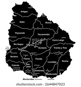 Editable Black Silhouette Map of Uruguay with Region Borders and Names Vector Illustration EPS Format Isolated on White Background for Infographic and Design Use