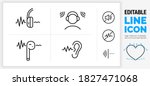 Editable black stroke weight line icon set of a active noise canceling over ear headphone and earplug with a sound wave going trough a stickman person in a loud room wearing a headset in eps vector