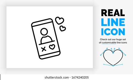 Editable Black Stroke Weight Line Icon Of A Mobile Phone Dating App Or Application Installed On It To Swipe Left Or Right For People Their Profile Picture To Find A Love Match Online As A Eps Vector