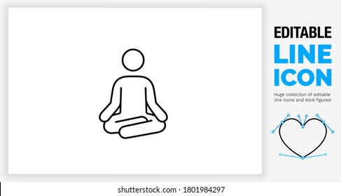 Editable black stroke weight line icon of stick figure person practice sit lotus yoga meditation pose named the lotus position for focus and a calm breathing exercise at home for stress in eps vector