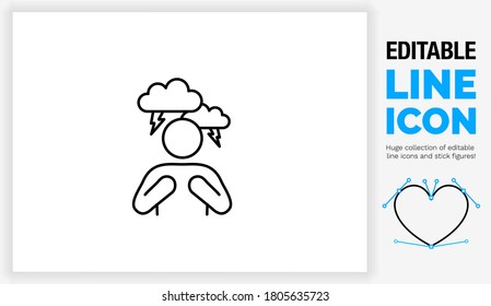 Editable black stroke weight line icon of a stick figure person being mad or angry because of stress with aggressive hands thunder clouds around his head with lightning bolt as a eps vector design