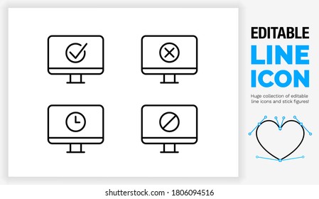 Editable black stroke weight line icon set of a computer screen with a positive checkbox and a negative cross in a circle, a timer clock and a no access allowed sign for child protection in eps vector