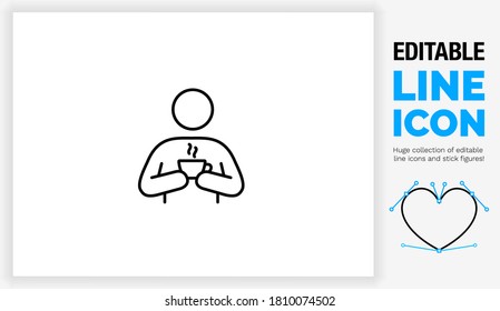 Editable black stroke weight line icon of a stick figure person drinking his morning coffee with the full cup or mug with an ear in his hand and steam coming from the top as a eps vector graphic