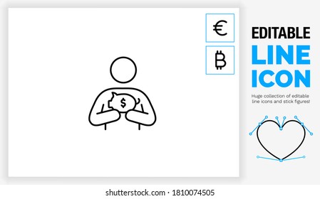 Editable black stroke weight line icon of a stick figure person holding a piggy bank for his savings bank account with money in different valuta as dollar, euro and bitcoin in a eps vector graphic