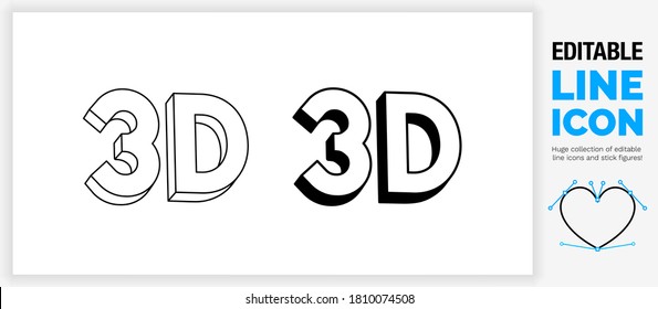 Editable black stroke weight line icon about the text 3D in three dimensional view in a technical outline wireframe style and a black shade behind te letter and number as a eps vector graphic