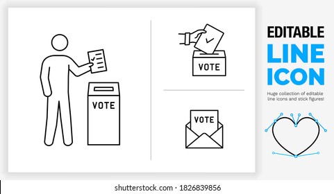 Editable black stroke weight line icon set of a stick figure person voting by putting the ballot in te box with his hand and the register paper with a checkbox vink on it  in a outline vector eps file