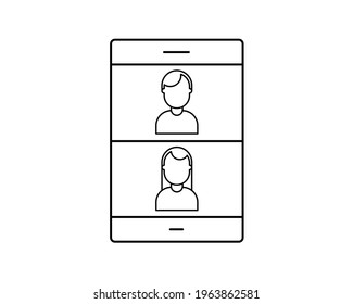 Editable black stroke weight line icon of a mobile phone dating app or application to find a love match online as a eps vector.