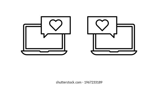 Editable black stroke weight line icon of a laptop or notebook dating app or application to find a love match online as a eps vector
