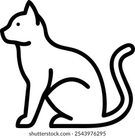 Editable black stroke weight line icon of a cat sitting in full body view from the side with his front and back paw on the ground and a side profile on his head with his tail in the air looking down.