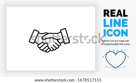 Editable black stroke weight line icon of two business people shaking hands to close a deal for their own succes in a corporate contract congratulating the person of their team as a eps vector symbol