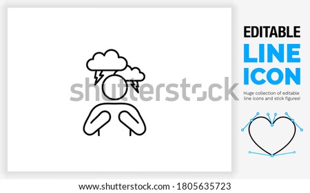 Editable black stroke weight line icon of a stick figure person being mad or angry because of stress with aggressive hands thunder clouds around his head with lightning bolt as a eps vector design