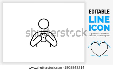 Editable black stroke weight line icon of a stick figure person looking at and holding his phone in the modern digital age of smart technology and social media addiction as a eps vector graphic design
