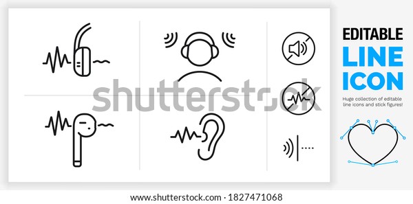 Editable black stroke weight line icon set of a\
active noise canceling over ear headphone and earplug with a sound\
wave going trough a stickman person in a loud room wearing a\
headset in eps vector