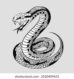 Ilustração editável desenhada à mão em preto e branco de uma cobra enrolada, apresentando uma linha intrincada e contraste arrojado. Esboço gráfico de um réptil para impressão de t-shirt, design de tatuagem, cartazes, impressão, etc.