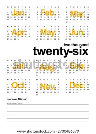 Editable Black Yellow Minimal 2026 Calendar Template with goals. Week starts on Monday