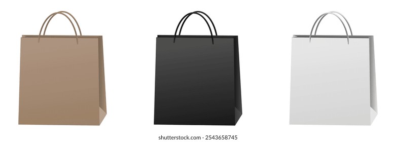 editable blank realistic paper shopping bags, Empty cardboard packets for corporate brand template, e commerce advertiser, discount sale or purchase retail fashion