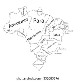 Editable blank vector map of  Brazil. Vector map of Brazil isolated on background. High detailed. Autonomous communities of Brazil. Administrative divisions of Brazil, separated provinces.