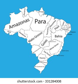 Editable blank vector map of  Brazil. Vector map of Brazil isolated on background. High detailed. Autonomous communities of Brazil. Administrative divisions of Brazil, separated provinces.