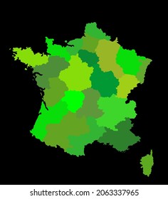 Editable blank vector map of France vector silhouette illustration isolated on black background. Autonomous communities of French regions, administrative divisions, separated province outline map.