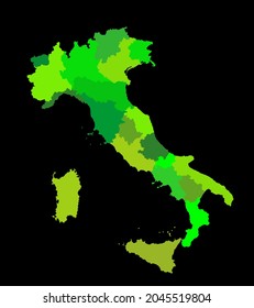 Editable blank vector map of Italy vector illustration isolated on black background. Autonomous communities of Italy. Detailed Italian regions administrative divisions, separated province. outline map