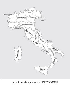 Editable blank vector map of Italy. Vector map of Italy isolated on background. High detailed. Autonomous communities of Italy. Administrative divisions of Italy, separated provinces. outline map.
