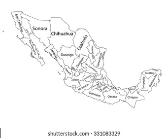 Editable blank vector map silhouette of  Mexico. isolated on background. High detailed. Autonomous communities of Mexico. Administrative divisions of Mexico counties, separated provinces.
