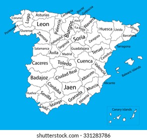 Editable blank vector map silhouette of  Spain. Vector map of Spain isolated on background. High detailed. Autonomous communities of Spain. Administrative divisions of Spain, separated provinces.