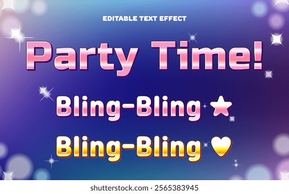 Editable bling-bling text effects and light effects, pink and yellow heart and star on navy background.