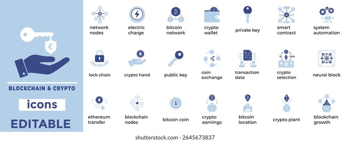 Editable blockchain crypto icons for fintech, web3, and digital assets