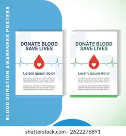 Editable blood donation poster in flat vector style with clean blue and green tones. Features drop icons, health visuals, and supportive messages to encourage blood donation.