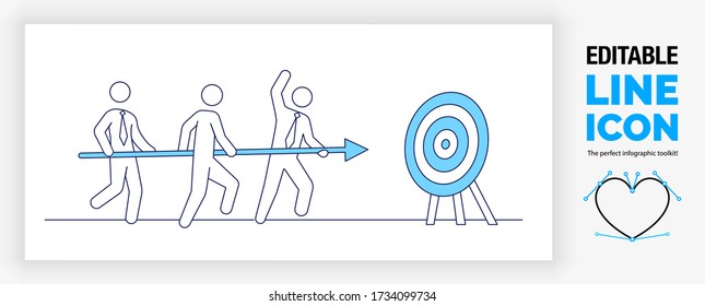 Editable Blue Line Illustration Of Three Business Stick Figure People Aiming An Arrow At The Goal Or Dart Board In A Online Marketing Infographic About Teamwork And Leadership As A Eps Vector Graphic