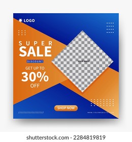 editable blue and orange sale square banner template vector design suitable for social media post, story and website ads