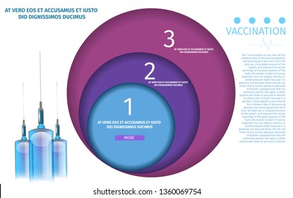 Editable Blue and Purple Liquid Design Banner Template for Three Stage Vaccination Online Medical Resource. Vector Realistic Syringes with Serum Illustration. Healthcare Application to Immune Protect