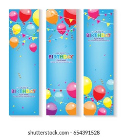 Editable blue vertical happy birthday banner with balloon and confetti decoration set. x banner  design.