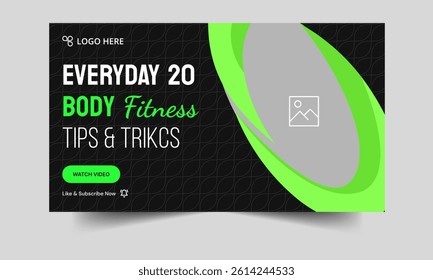 Editable body fitness tips and tricks video cover banner design, workout plan techniques video cover banner design, editable vector eps 10 file format