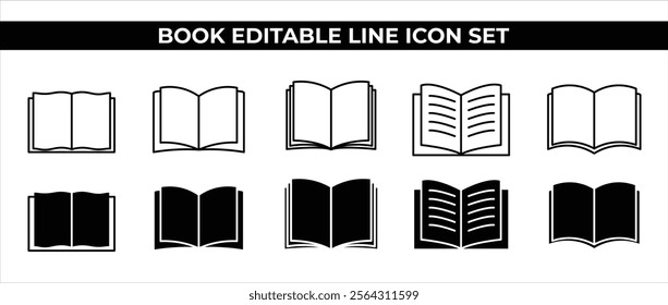 Editable book line icon set featuring various open book designs in black and white, perfect for publishing, reading, or education-related graphics and digital applications.