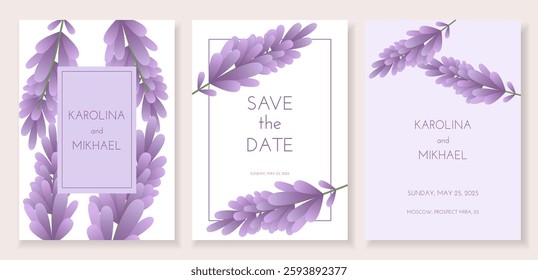 Editable botanical wedding invitation card template with lovely floral design. Vector illustration with violet colors